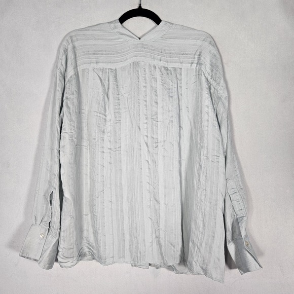 Vince Top Women's L Mint Drapey Striped V-Neck Long Sleeve Hidden Button Flowy - Picture 4 of 14